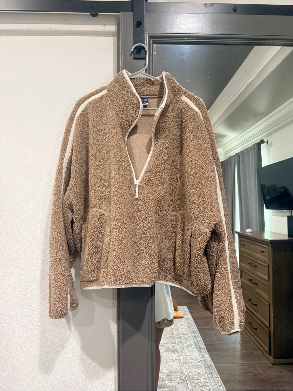 Old Navy Cozy Sherpa Half-Zip Pullover in Tan with White Trim